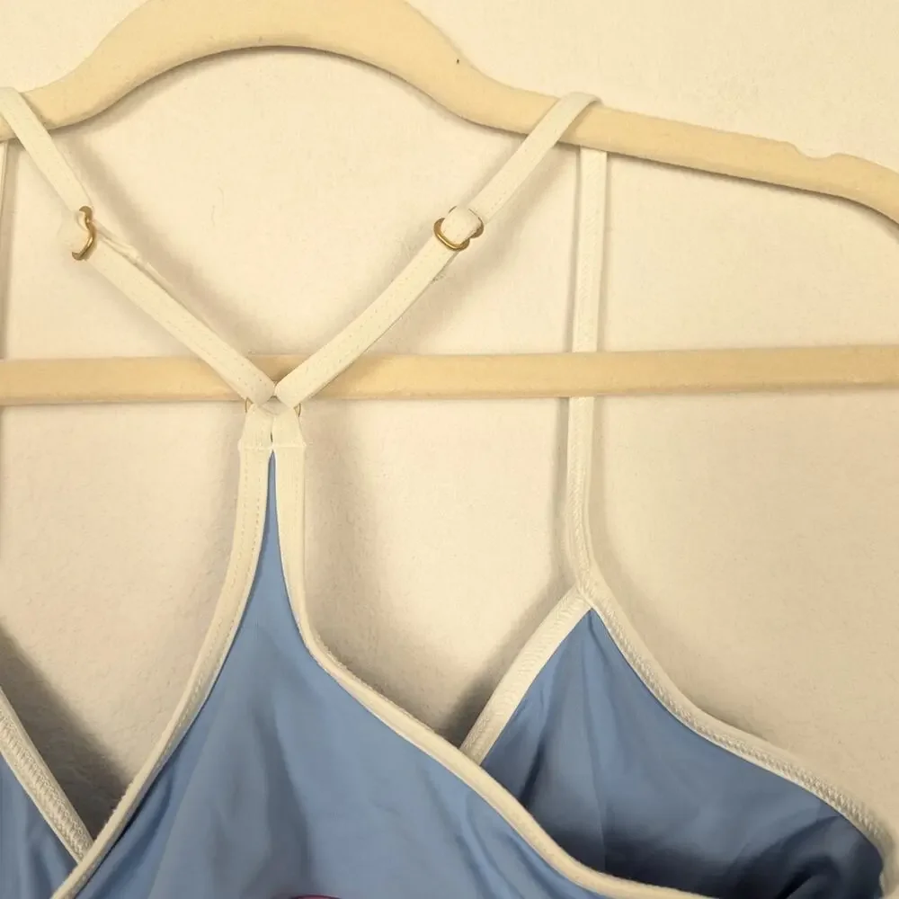 L*Space Periwinkle Cream Pink Trim Racerback Bikini Top Size L